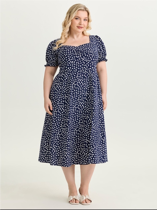 BloomChic Dresses & Skirts - BloomChic Navy Dot Sweetheart Midi Dress with Puff Sleeves size 1X (14-16)